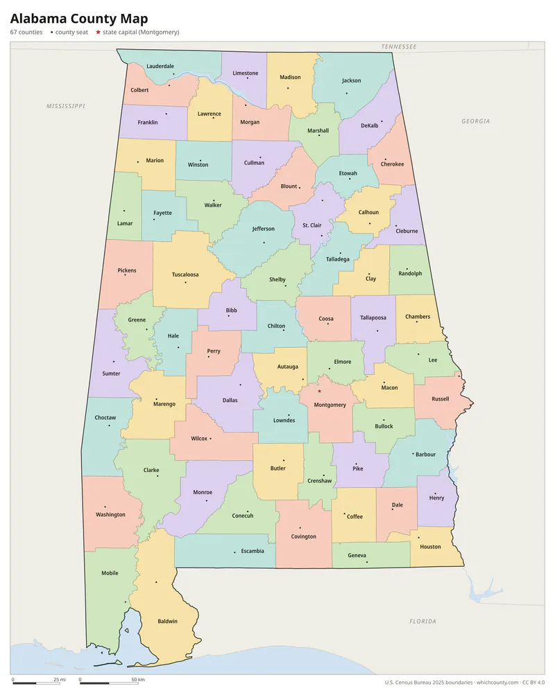 Alabama county map with all 67 counties labeled
