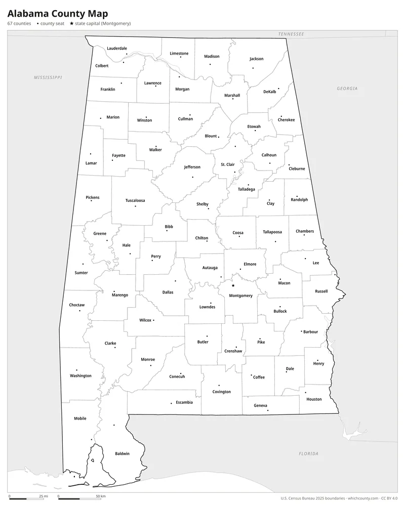 Black and white Alabama county map
