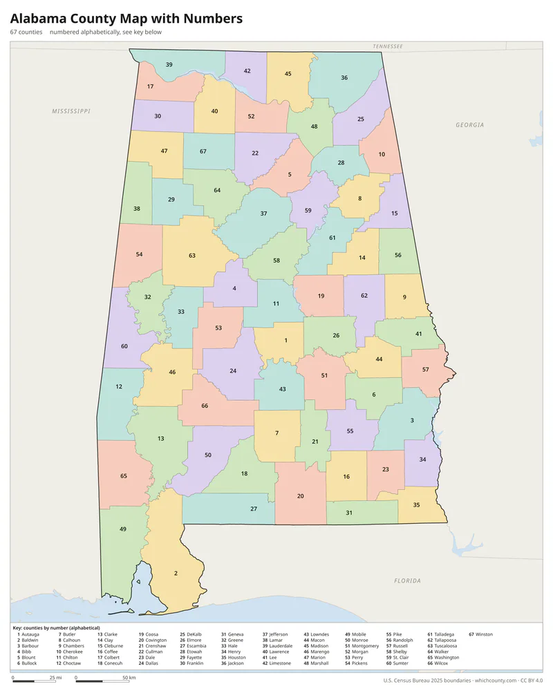 Alabama county map with numbers