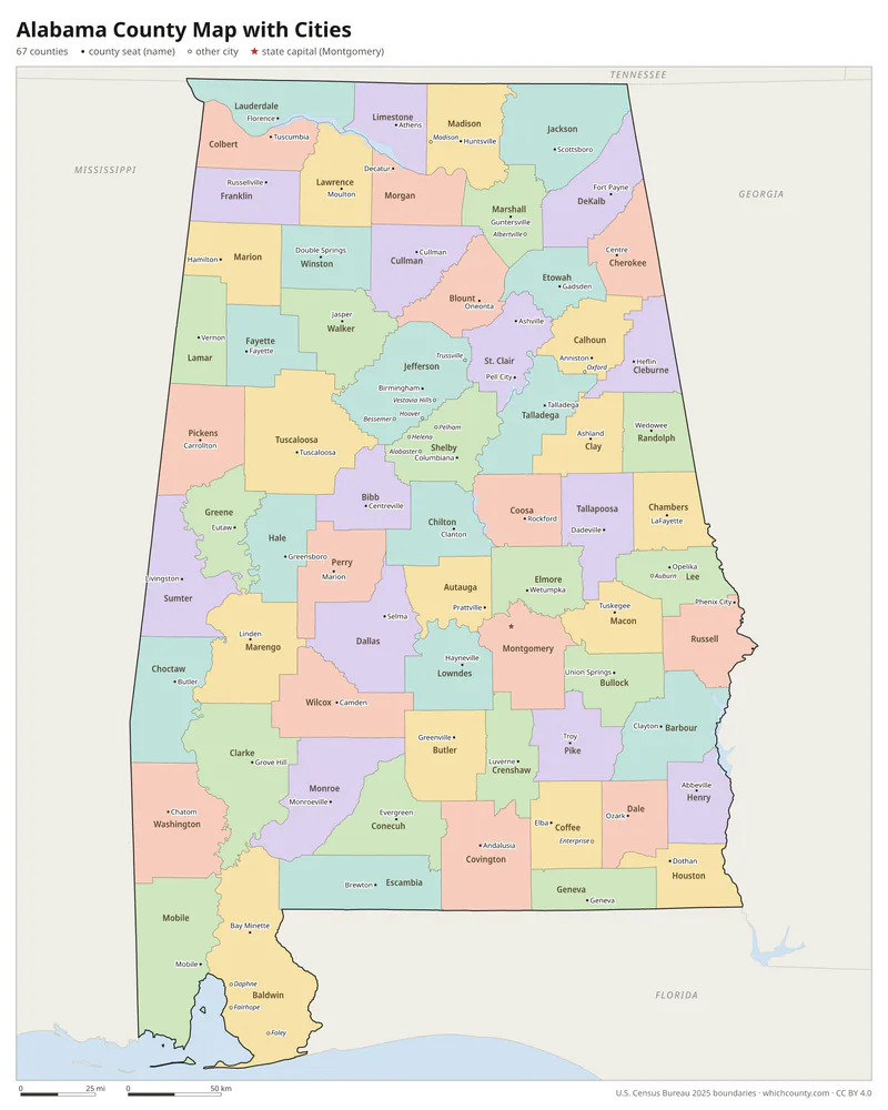 Alabama county map with cities and county seats