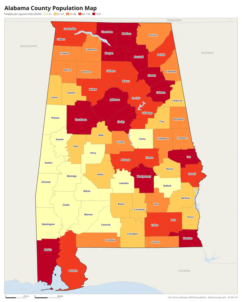 Map of Alabama counties shaded by population density