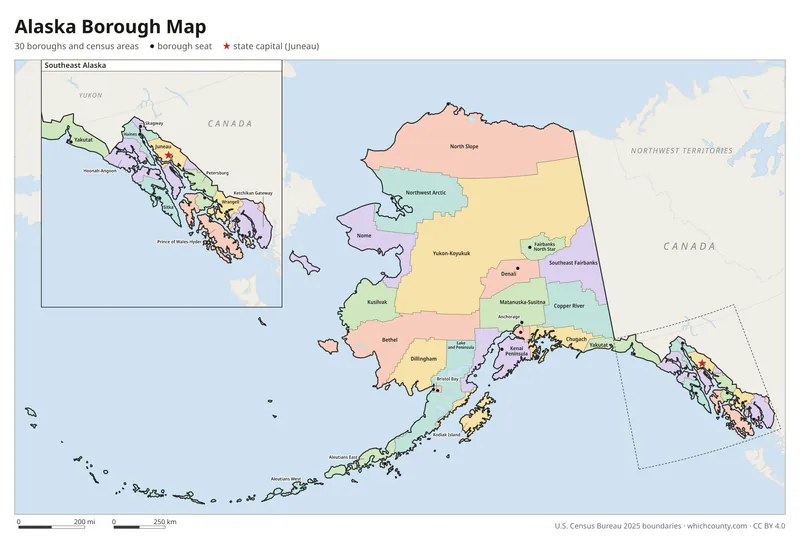Alaska borough map with all 30 boroughs and census areas labeled