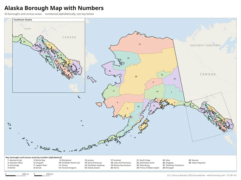 Alaska borough map with numbers