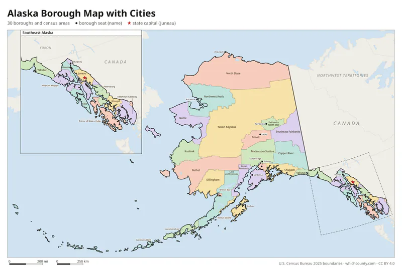 Alaska borough map with cities and borough seats