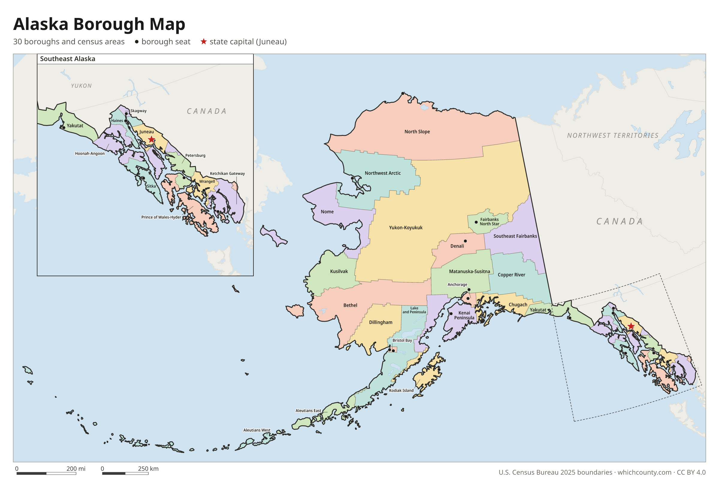 Alaska borough map showing all 30 boroughs and census areas with borough names and borough seats