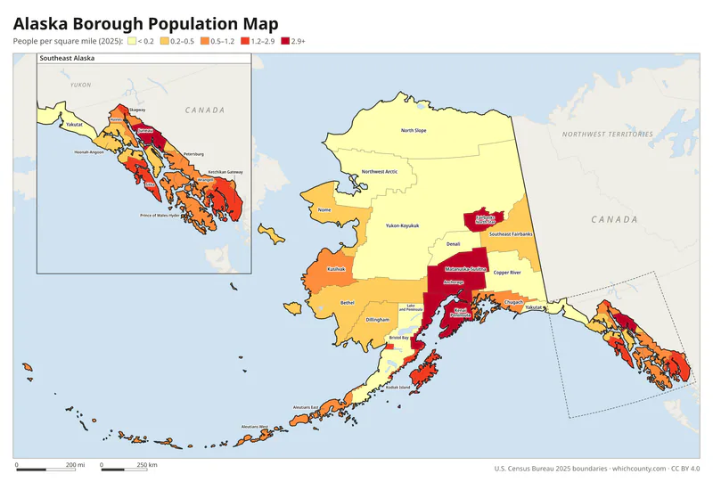Map of Alaska boroughs and census areas shaded by population density