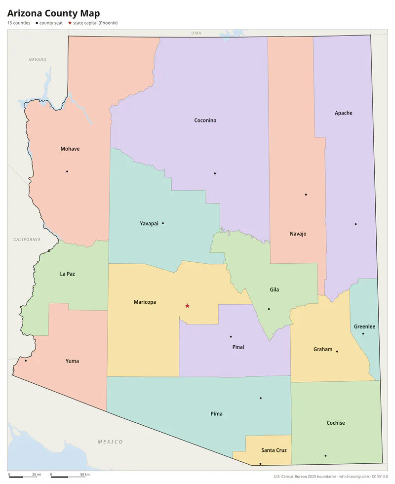 Arizona county map with all 15 counties labeled