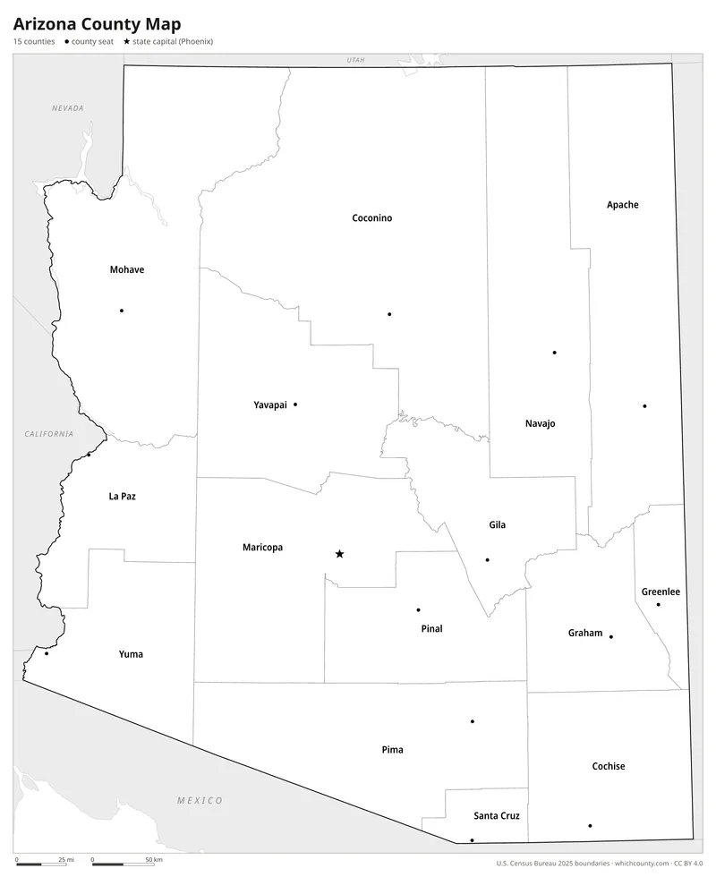 Black and white Arizona county map