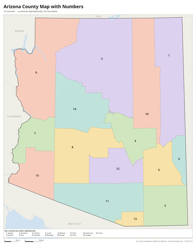 Arizona county map with numbers