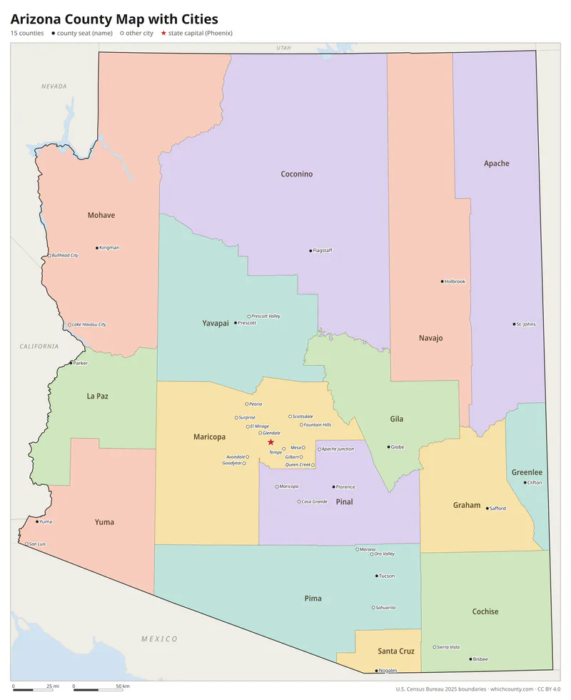 Arizona county map with cities and county seats