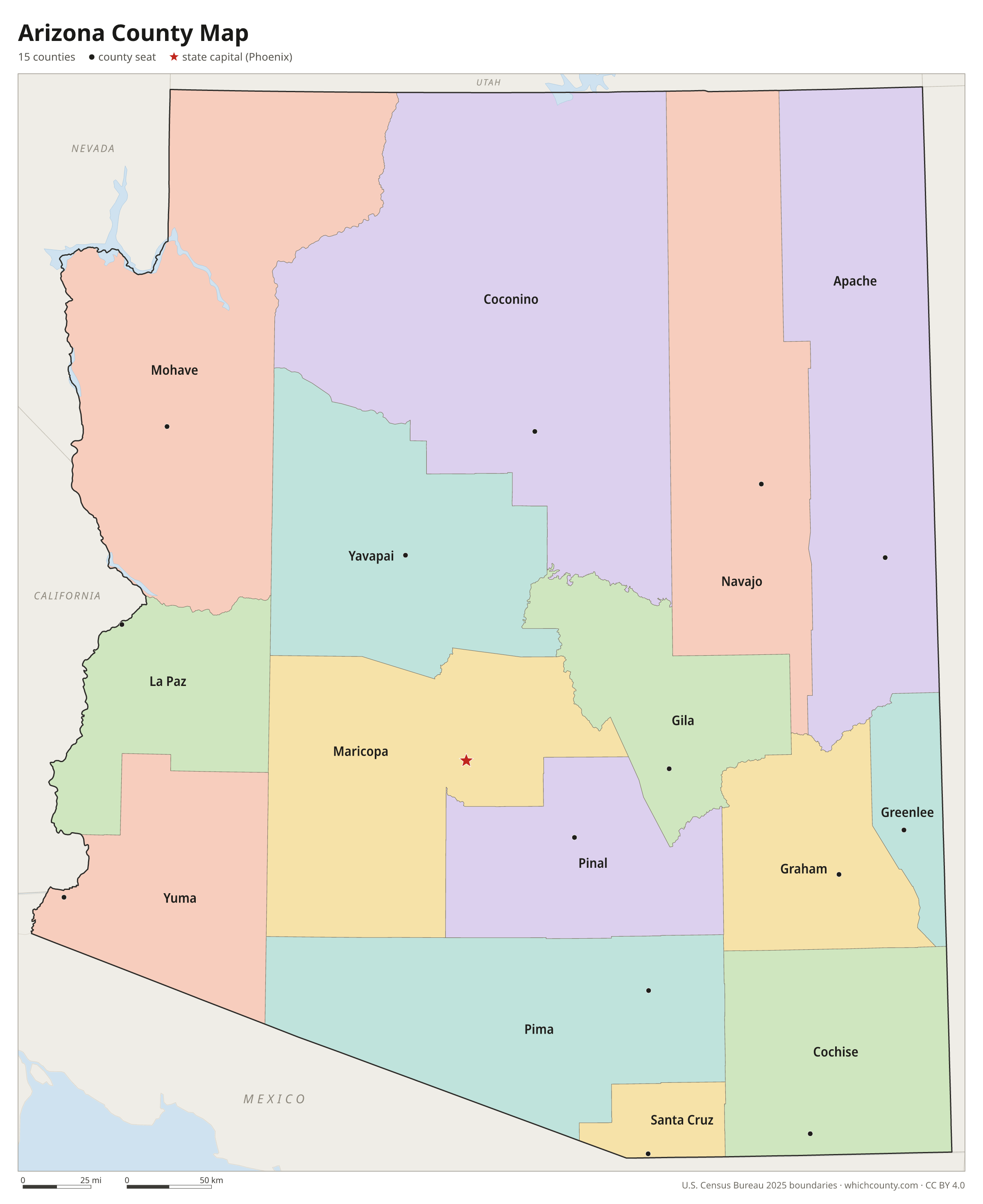 Arizona county map showing all 15 counties with county names and county seats