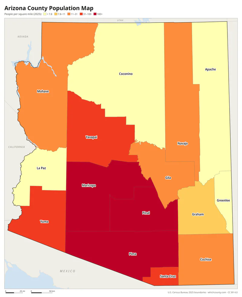 Map of Arizona counties shaded by population density