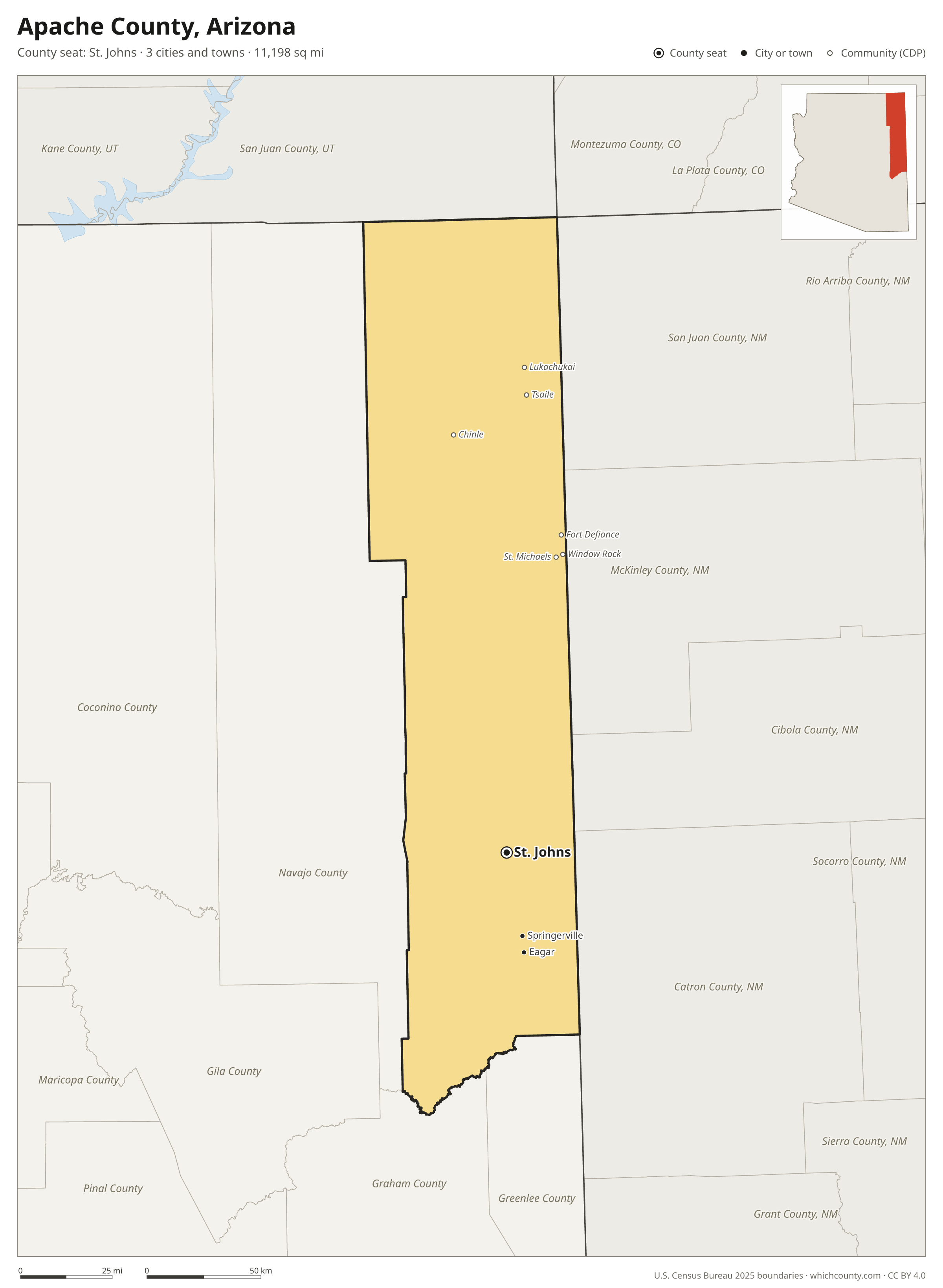 Map of Apache County, Arizona with cities, towns and the county boundary