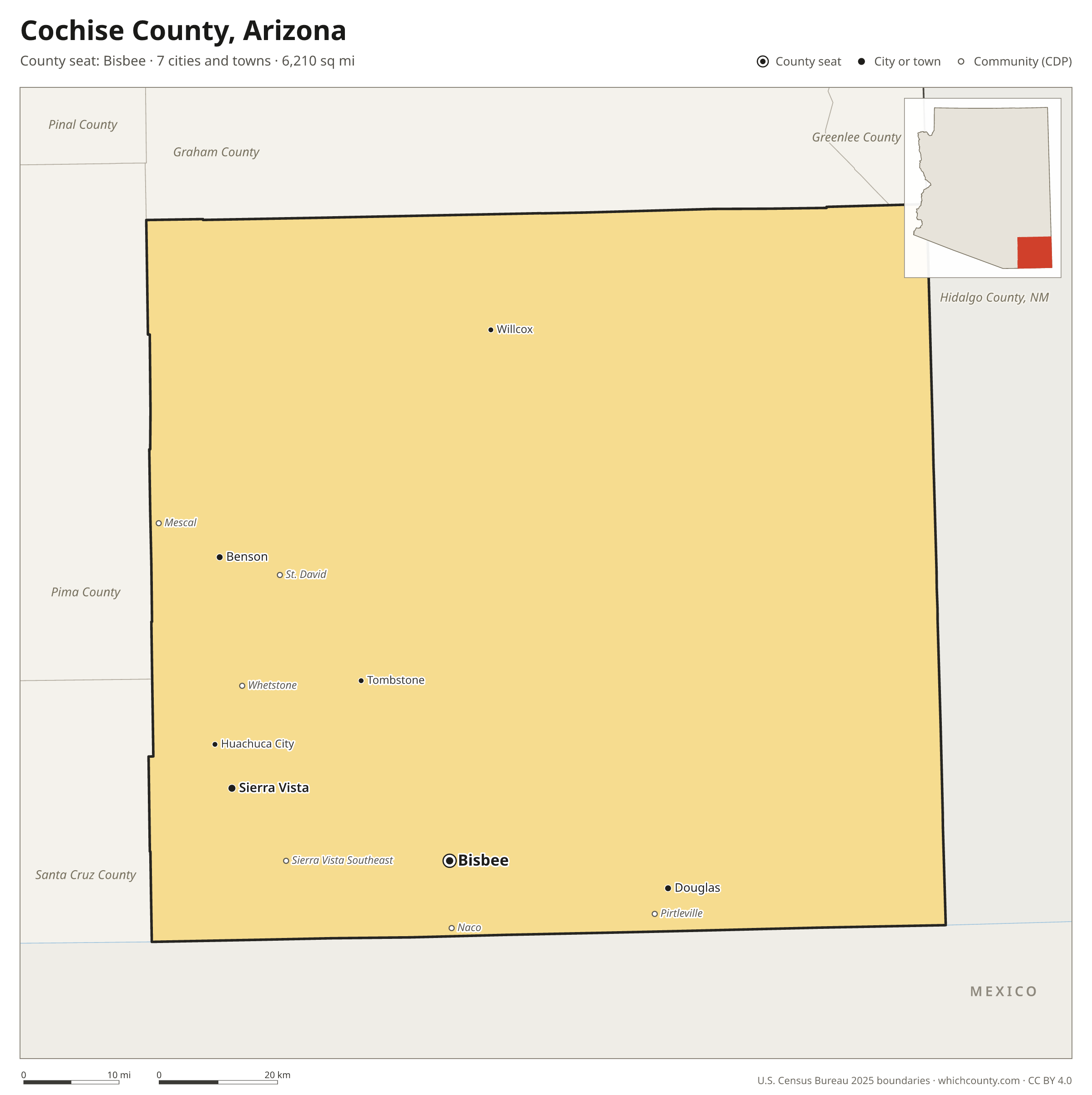 Map of Cochise County, Arizona with cities, towns and the county boundary