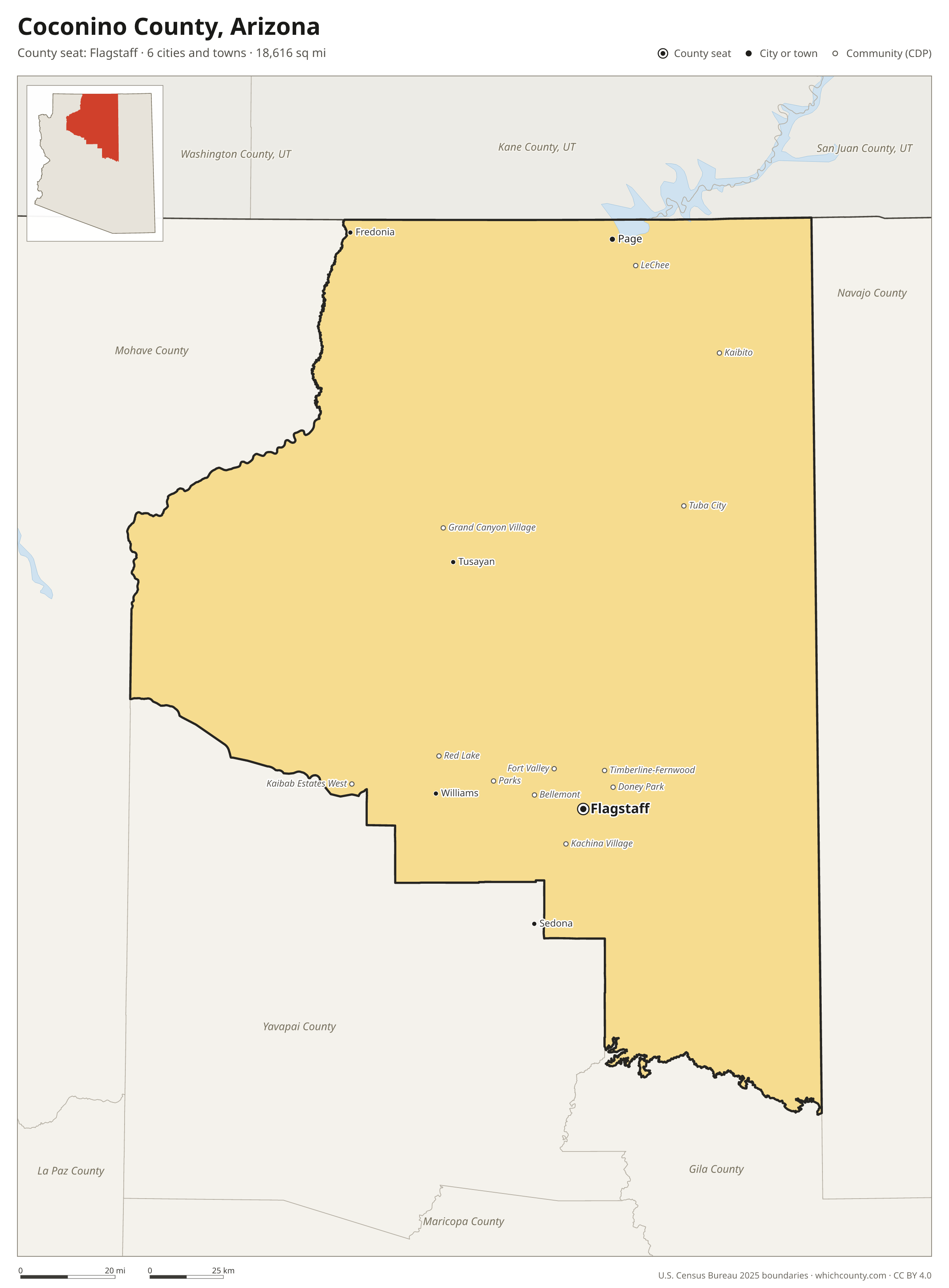 Map of Coconino County, Arizona with cities, towns and the county boundary