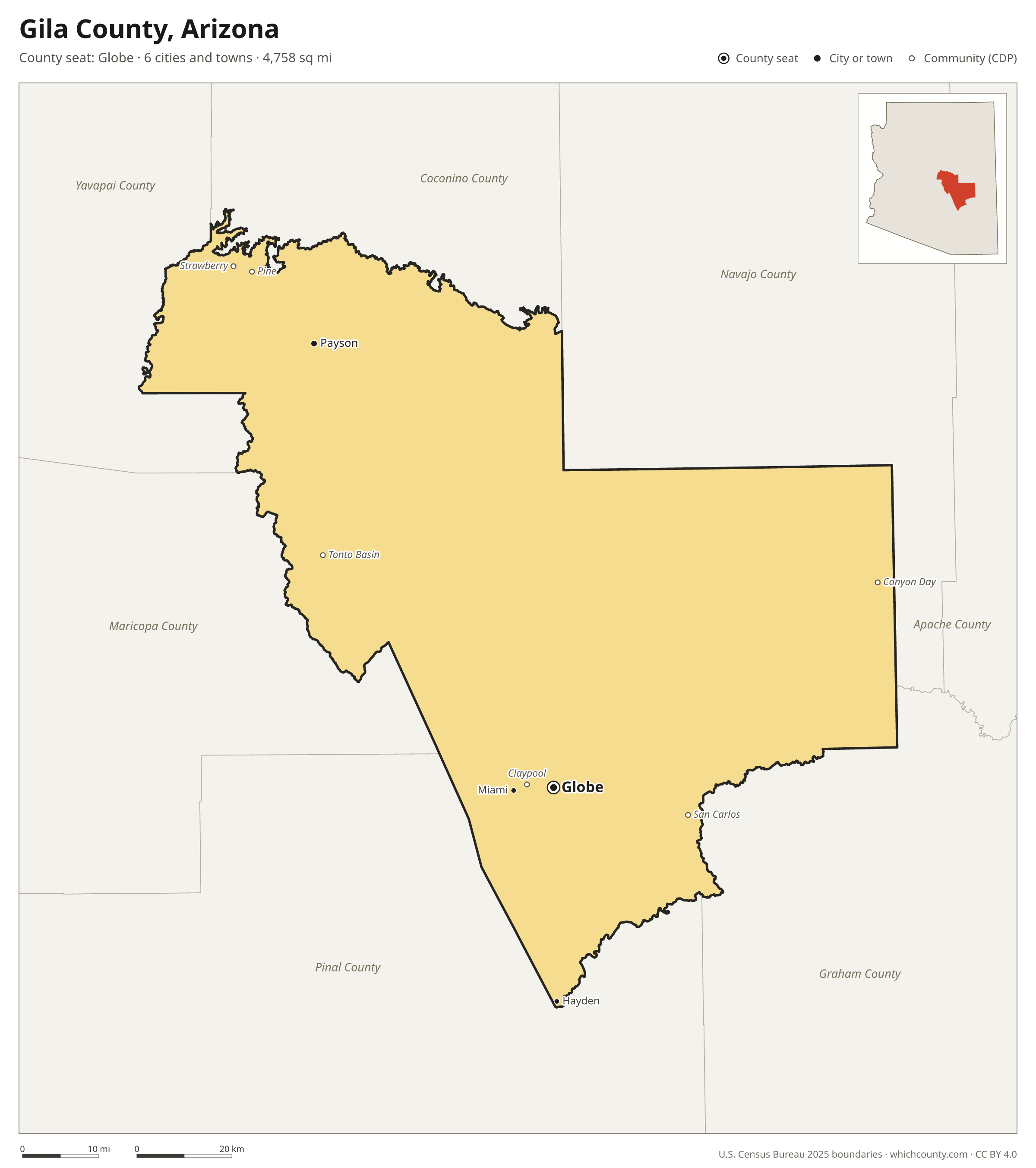 Map of Gila County, Arizona with cities, towns and the county boundary