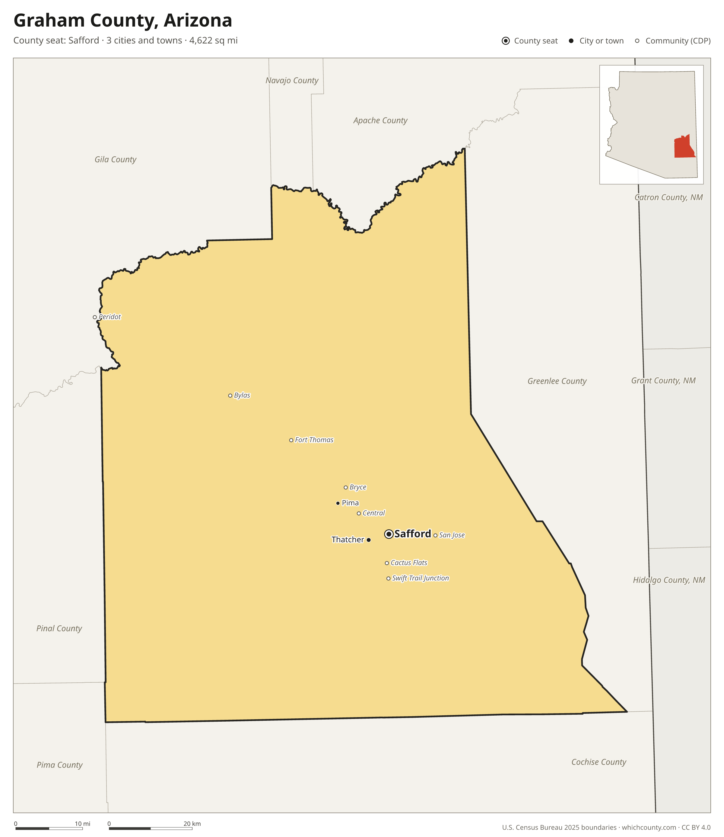 Map of Graham County, Arizona with cities, towns and the county boundary