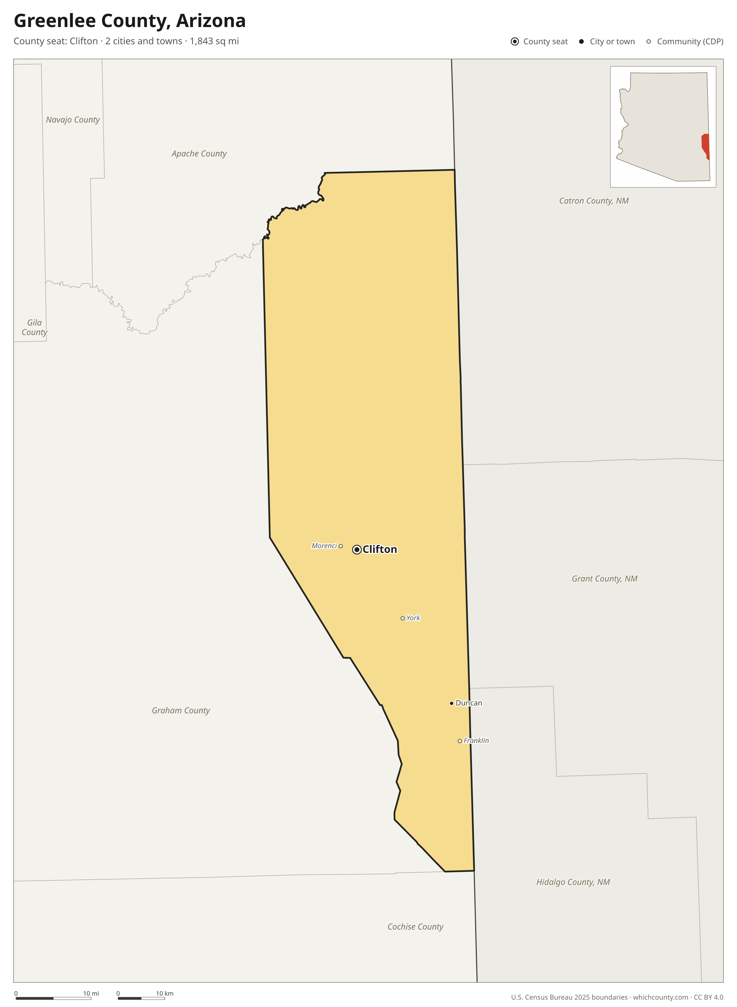 Map of Greenlee County, Arizona with cities, towns and the county boundary