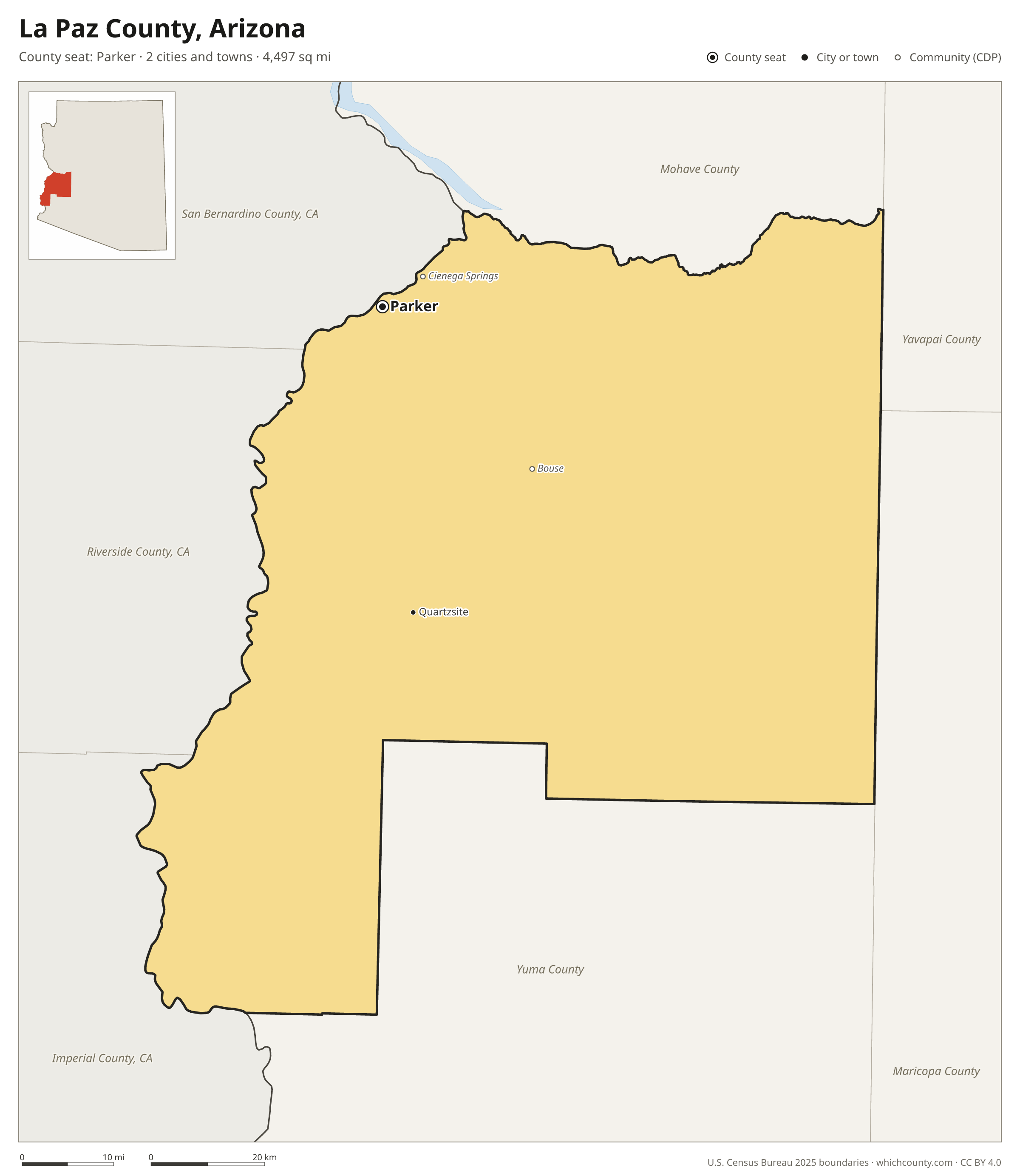 Map of La Paz County, Arizona with cities, towns and the county boundary