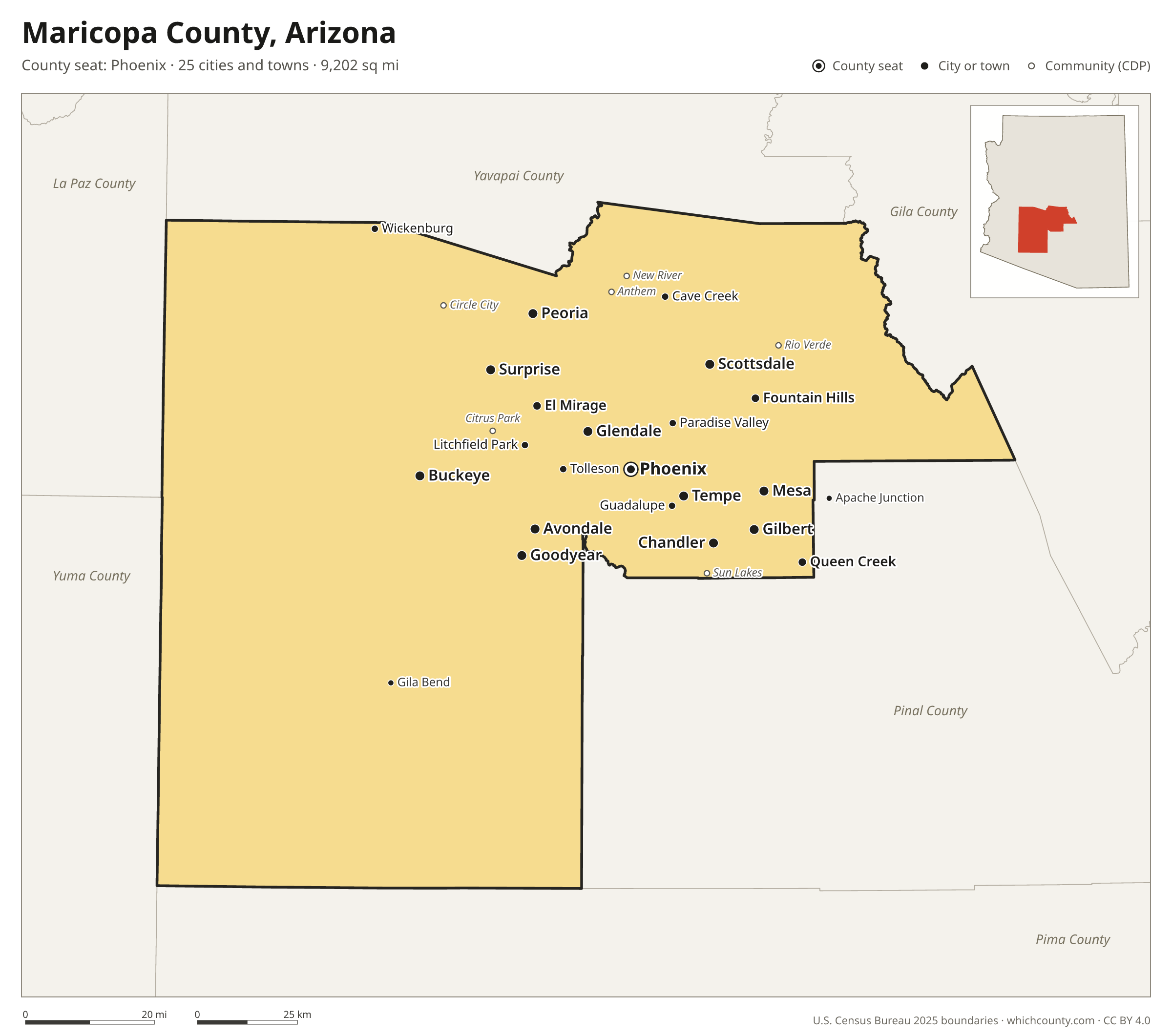 Map of Maricopa County, Arizona with cities, towns and the county boundary