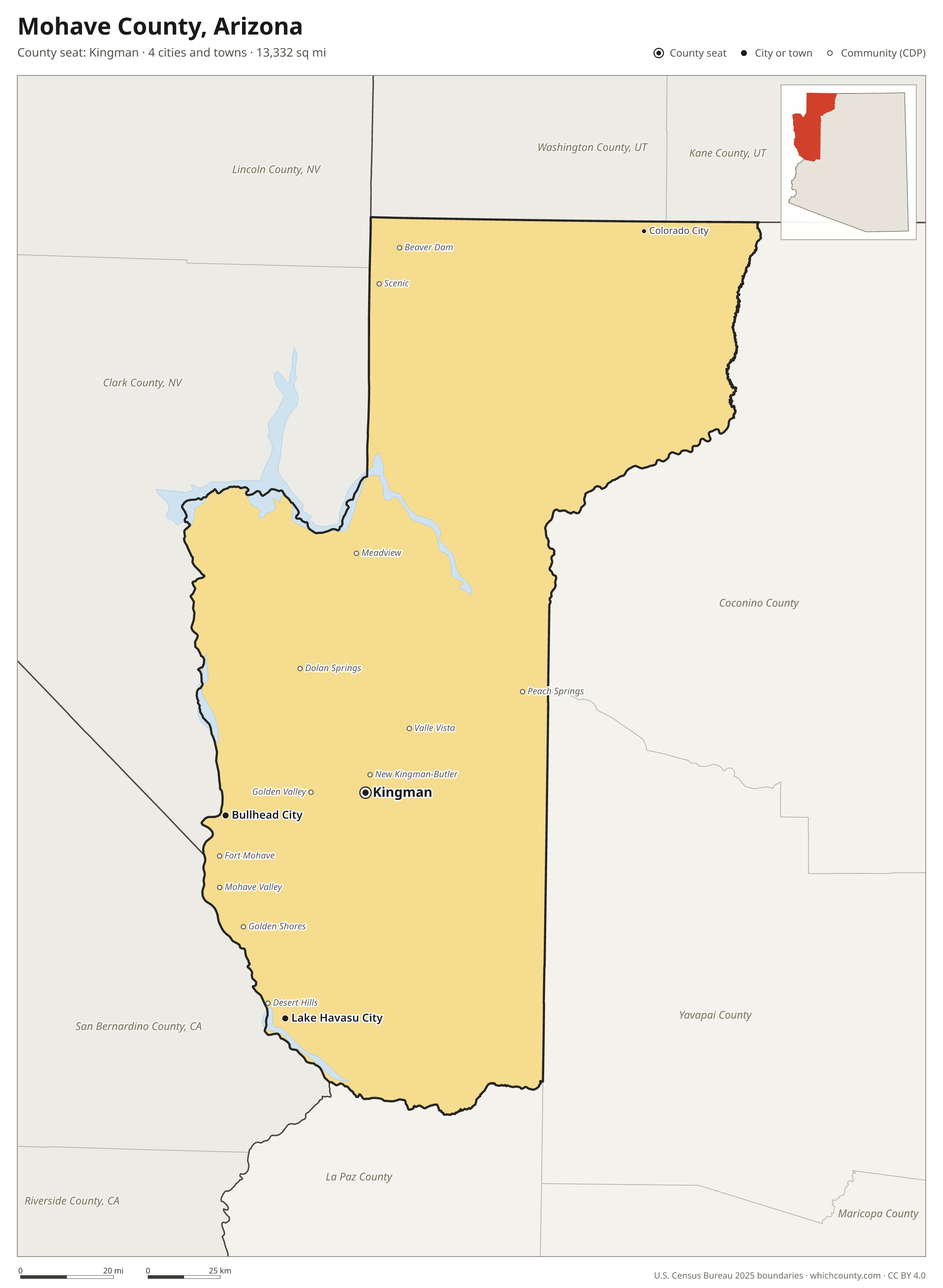 Map of Mohave County, Arizona with cities, towns and the county boundary