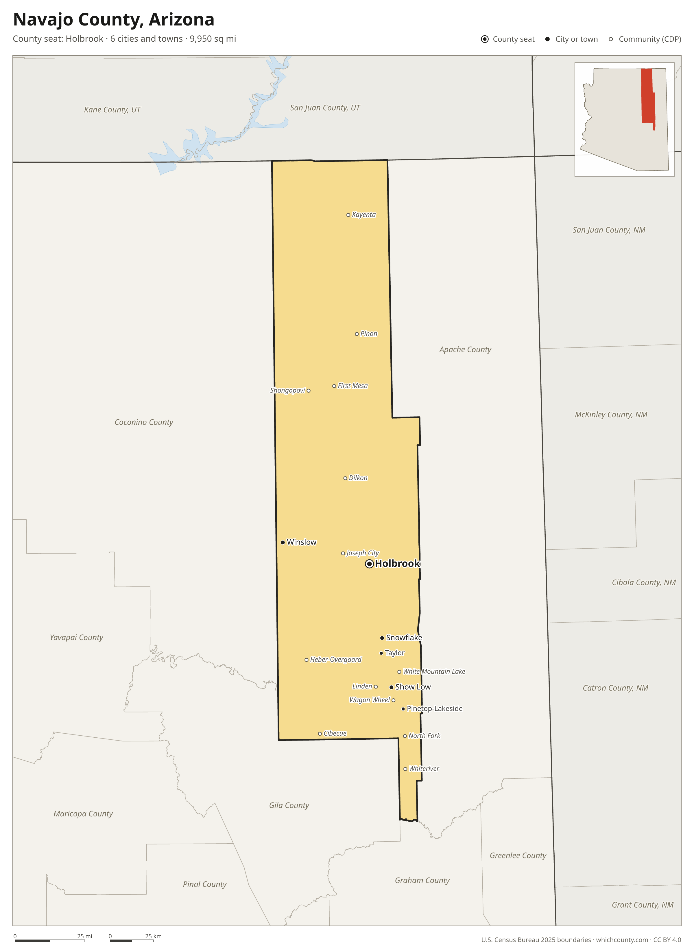 Map of Navajo County, Arizona with cities, towns and the county boundary