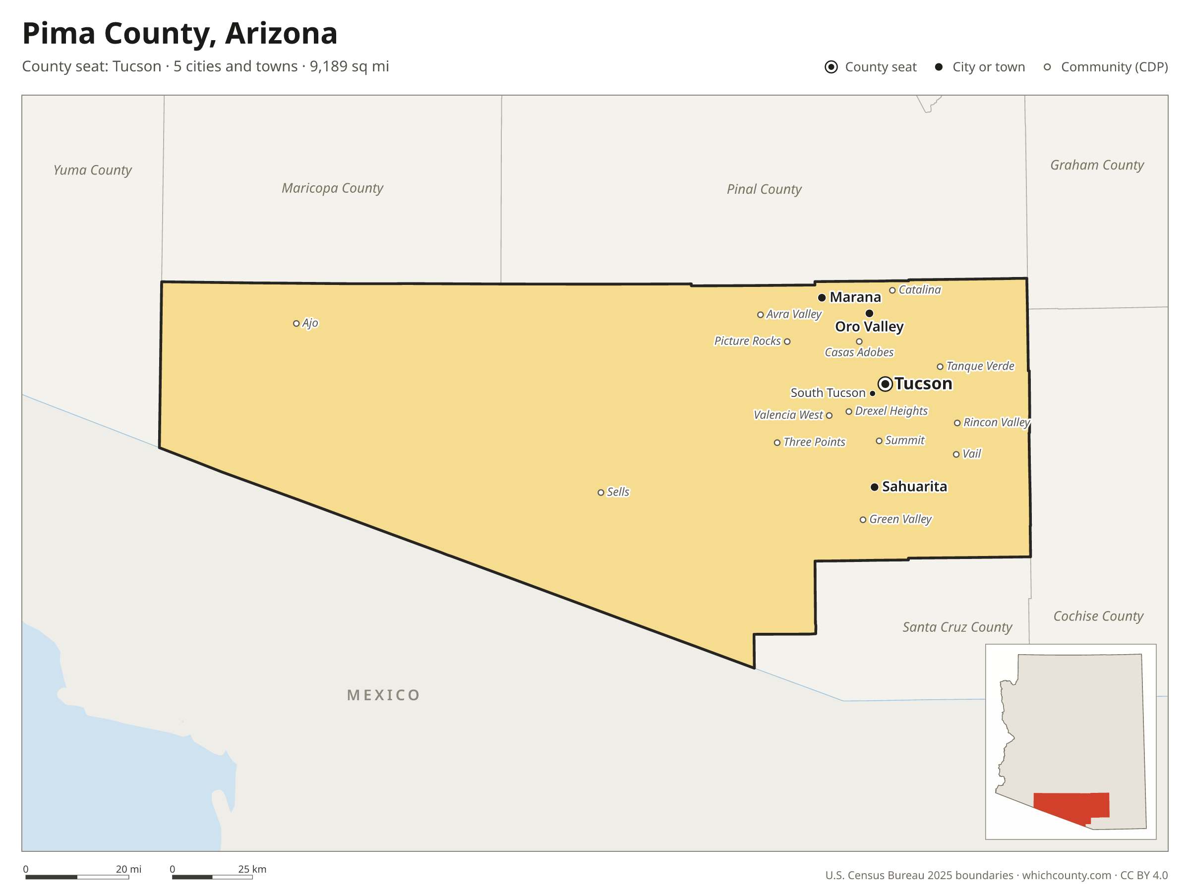 Map of Pima County, Arizona with cities, towns and the county boundary