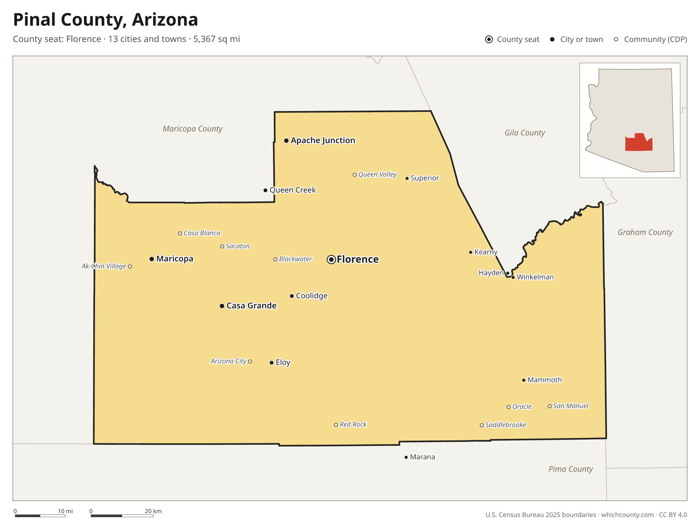 Map of Pinal County, Arizona with cities, towns and the county boundary