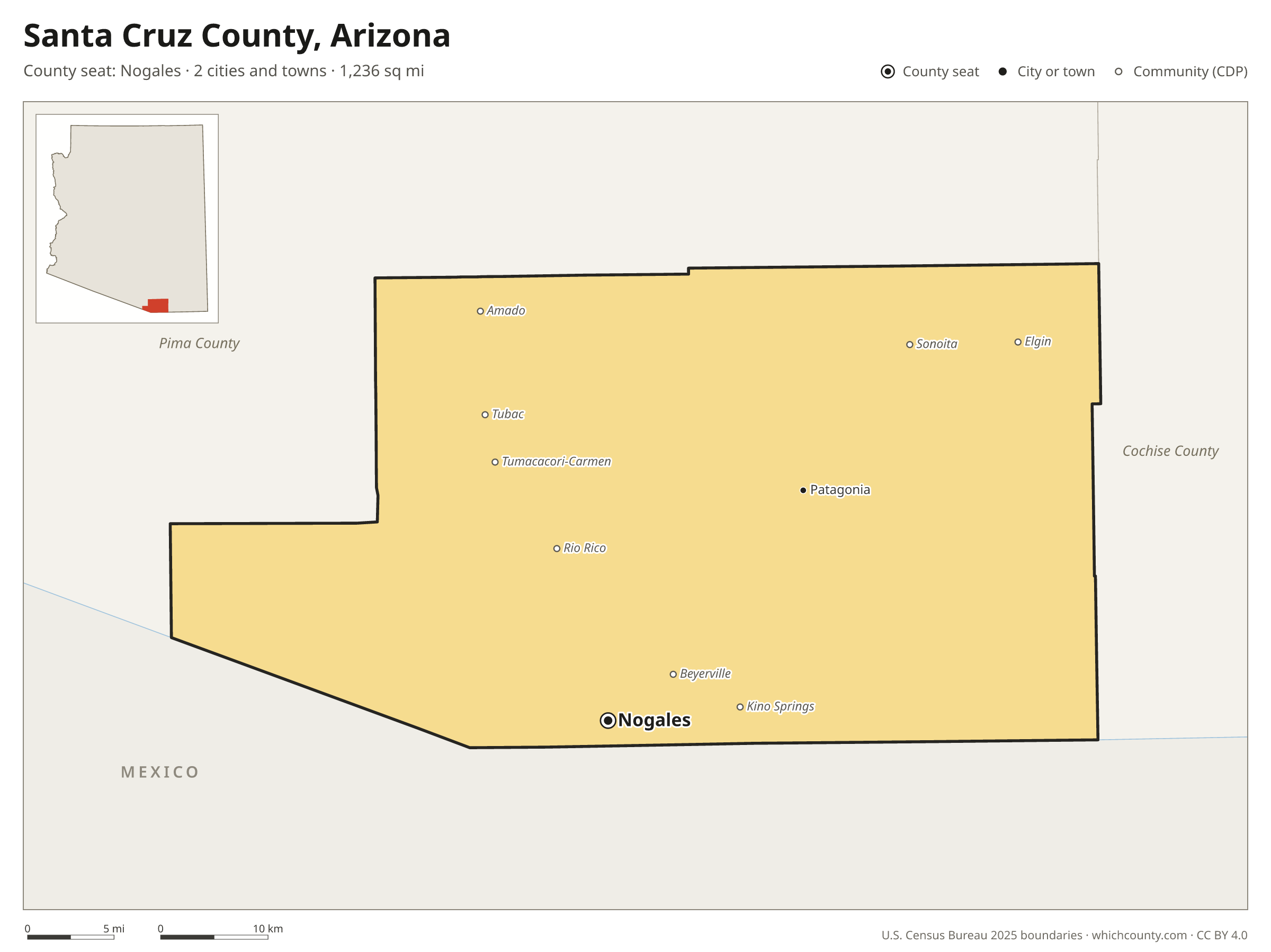 Map of Santa Cruz County, Arizona with cities, towns and the county boundary