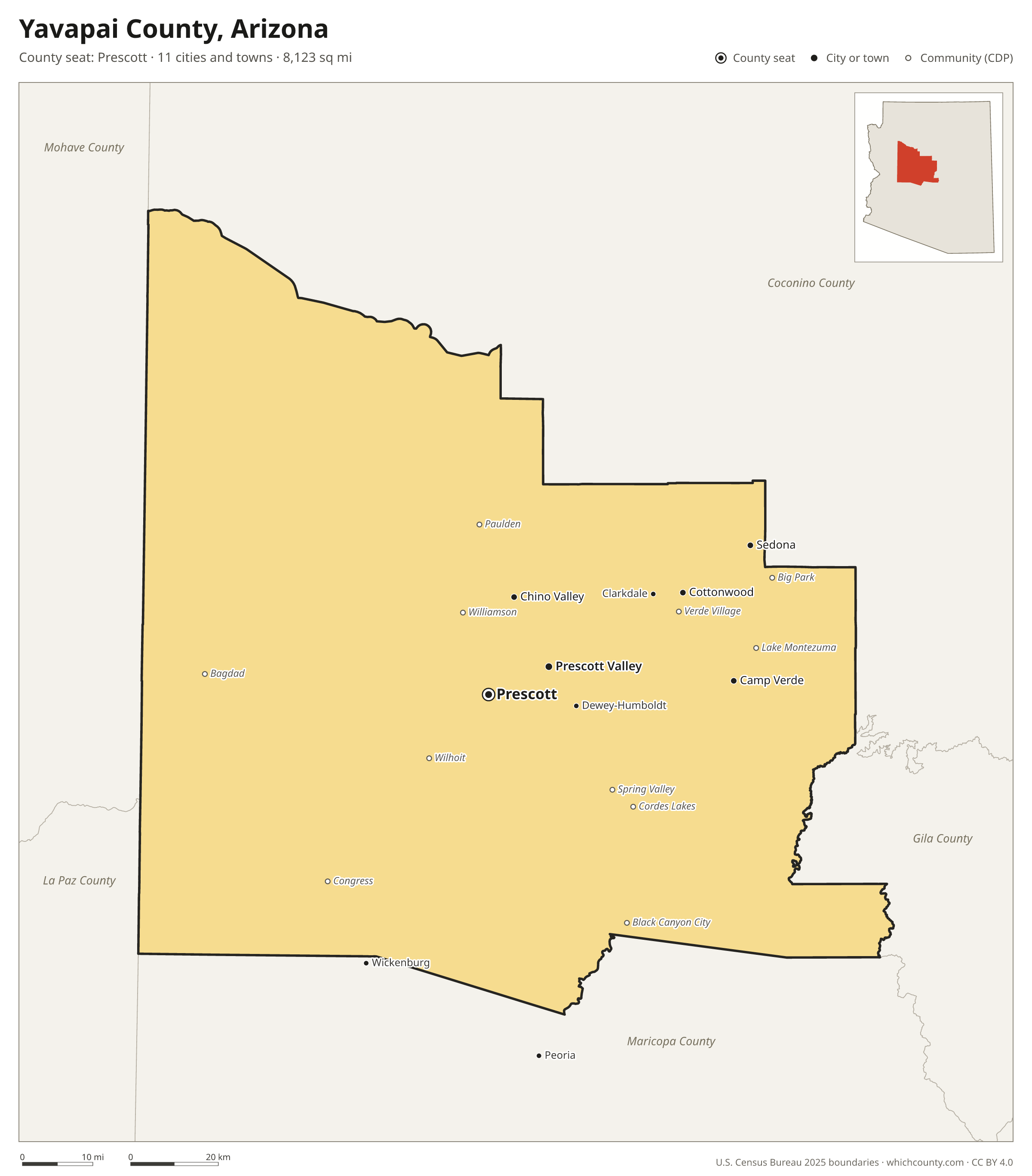 Map of Yavapai County, Arizona with cities, towns and the county boundary