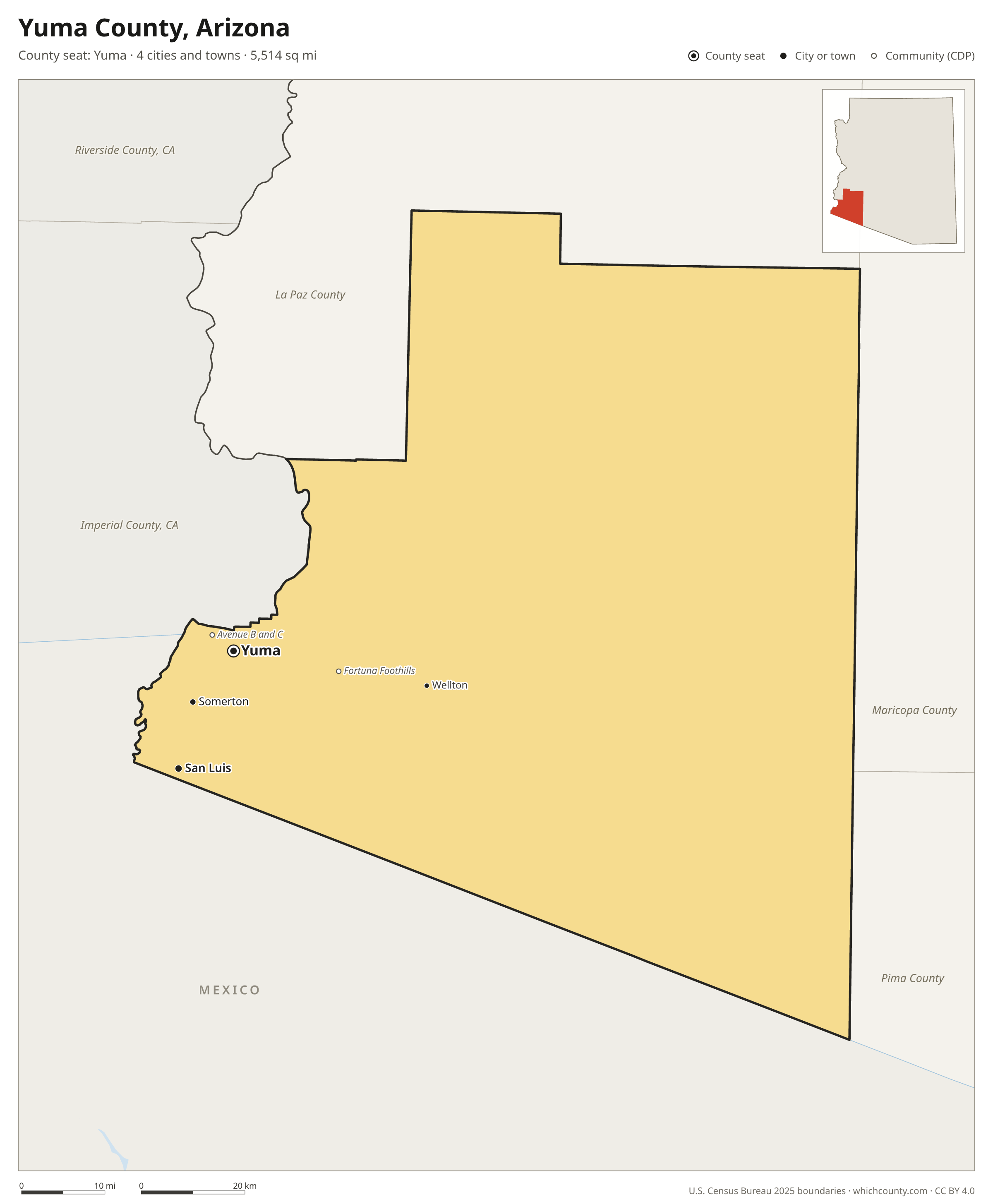 Map of Yuma County, Arizona with cities, towns and the county boundary