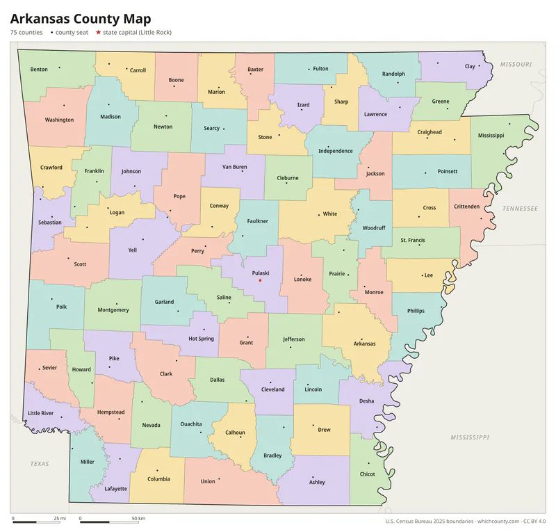 Arkansas county map with all 75 counties labeled