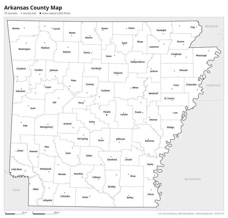 Black and white Arkansas county map