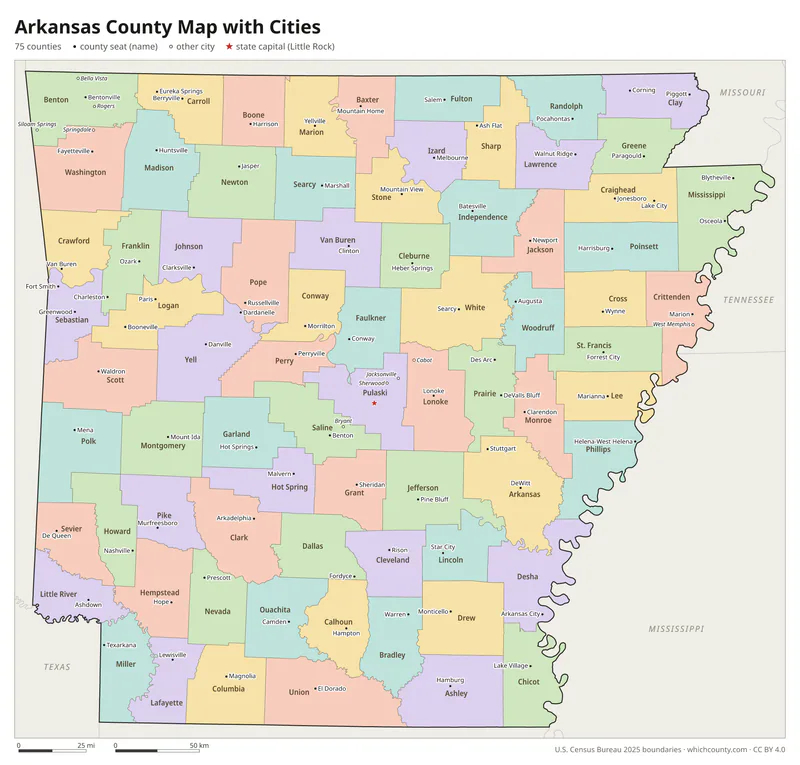 Arkansas county map with cities and county seats