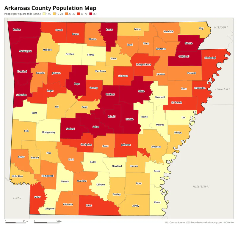 Map of Arkansas counties shaded by population density