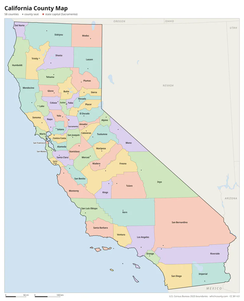 California county map with all 58 counties labeled