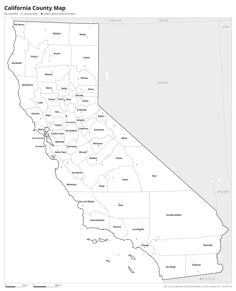 Black and white California county map