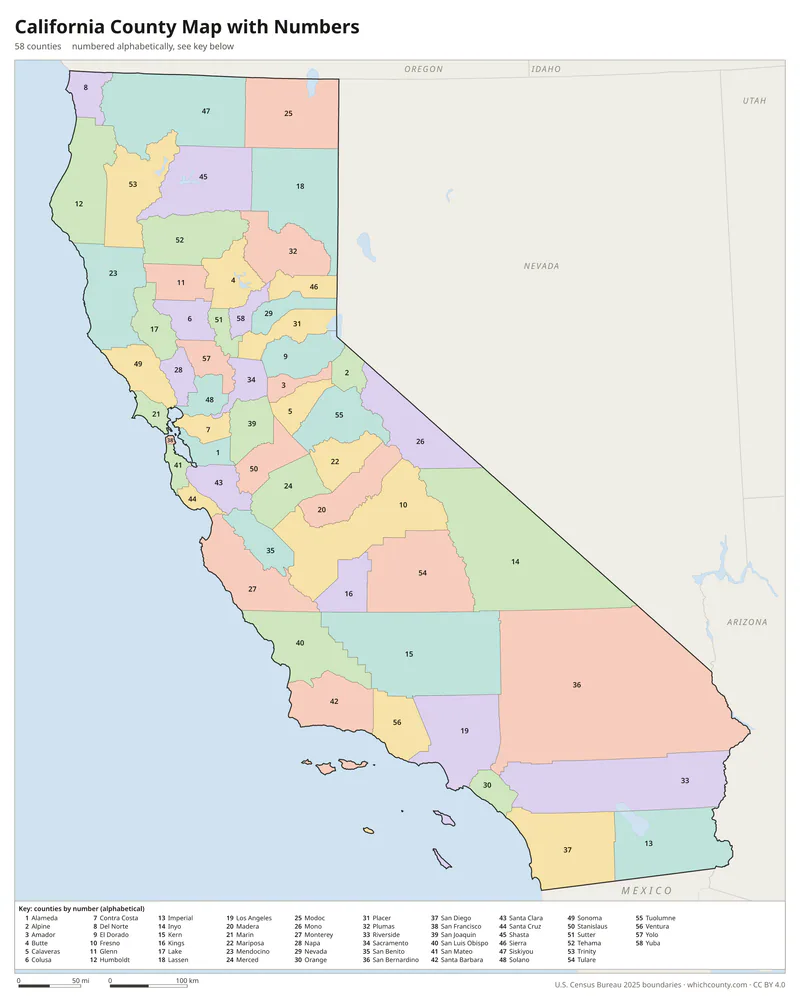 California county map with numbers