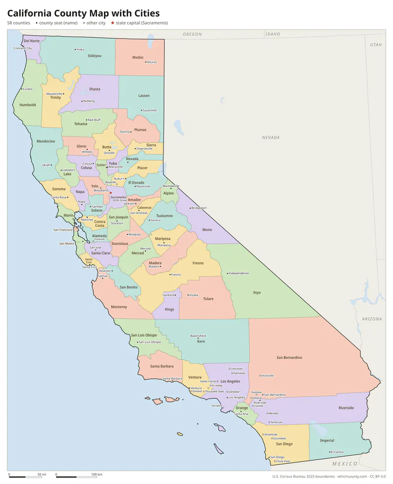 California county map with cities and county seats