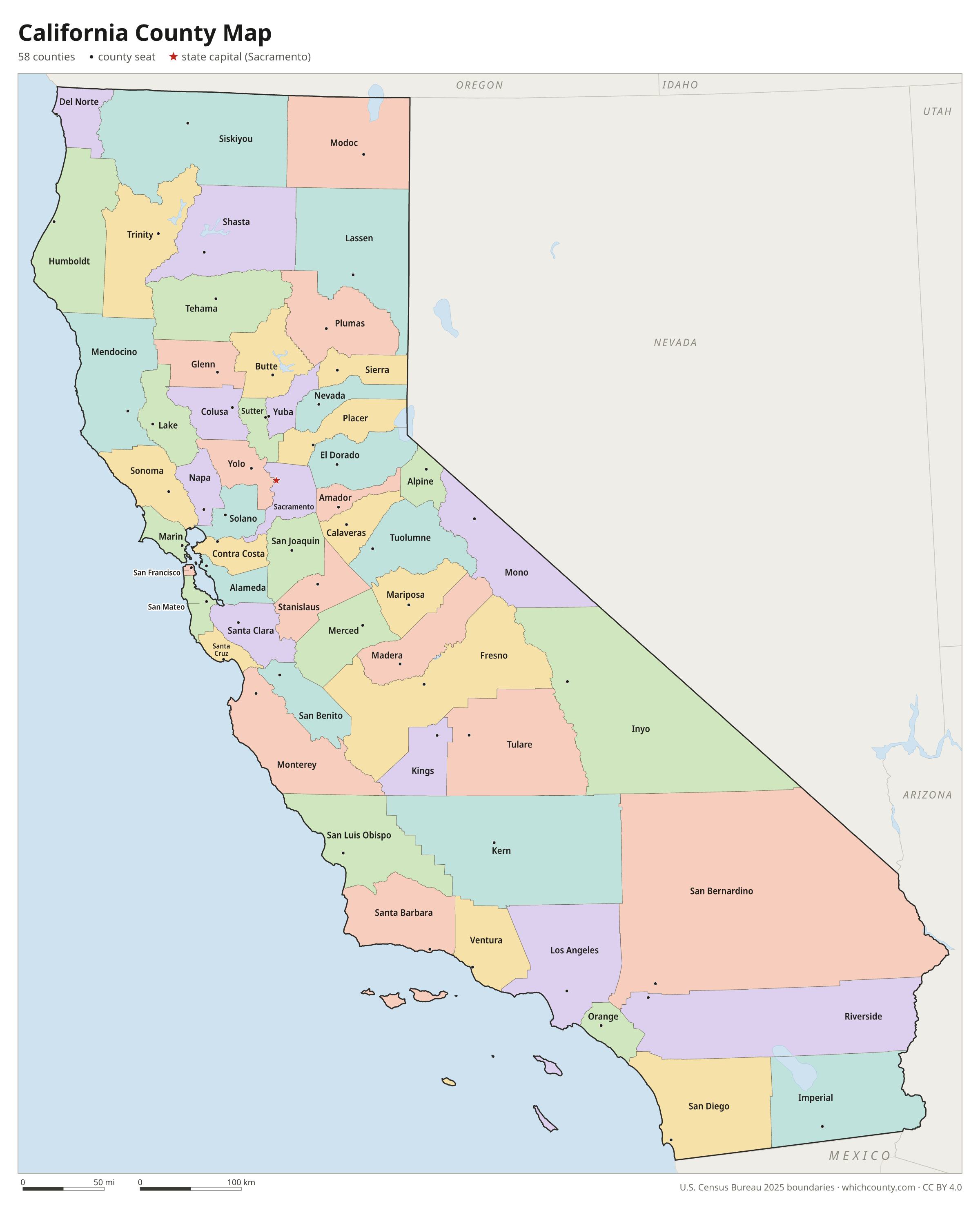California county map showing all 58 counties with county names and county seats