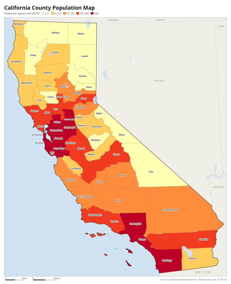 Map of California counties shaded by population density