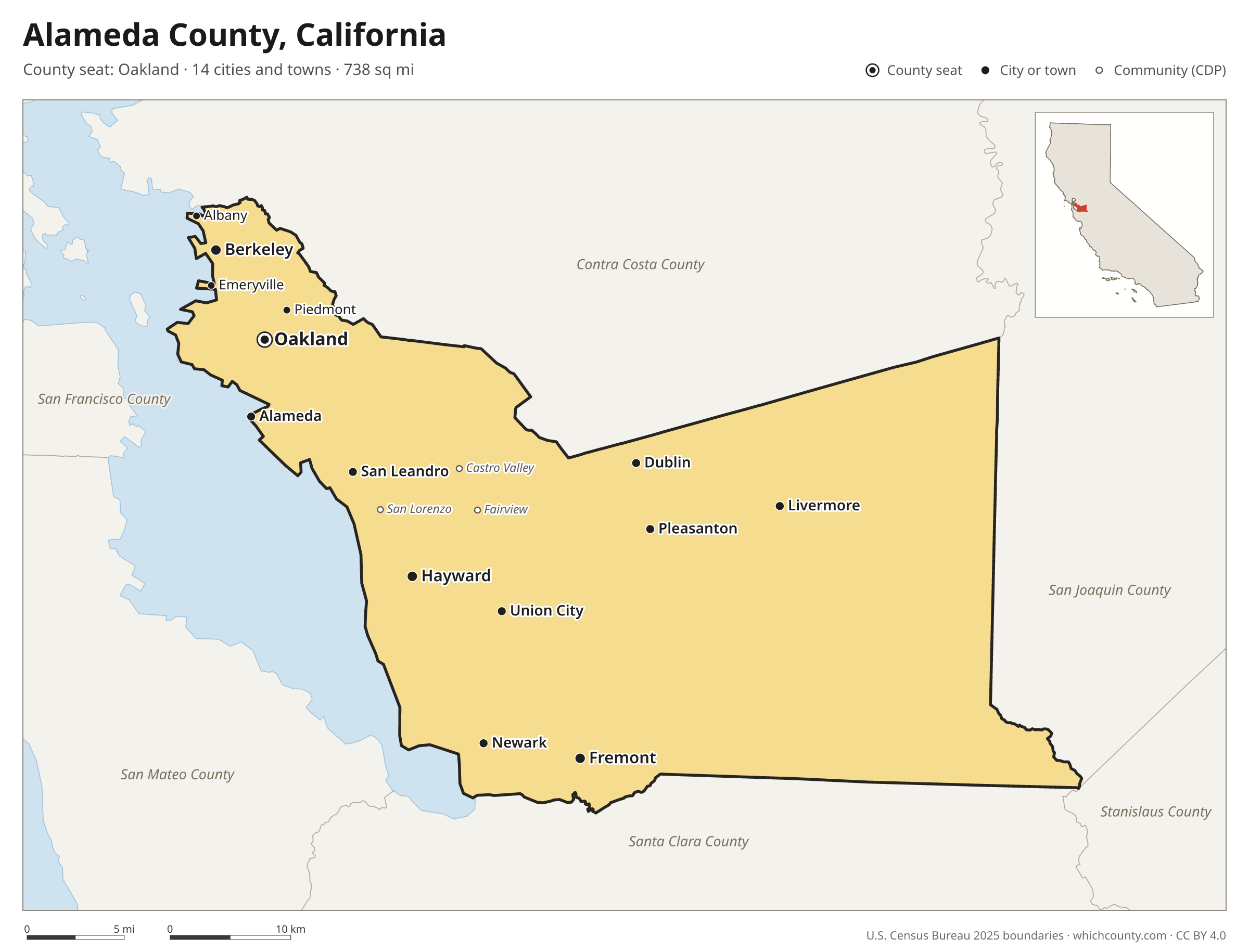 Map of Alameda County, California with cities, towns and the county boundary