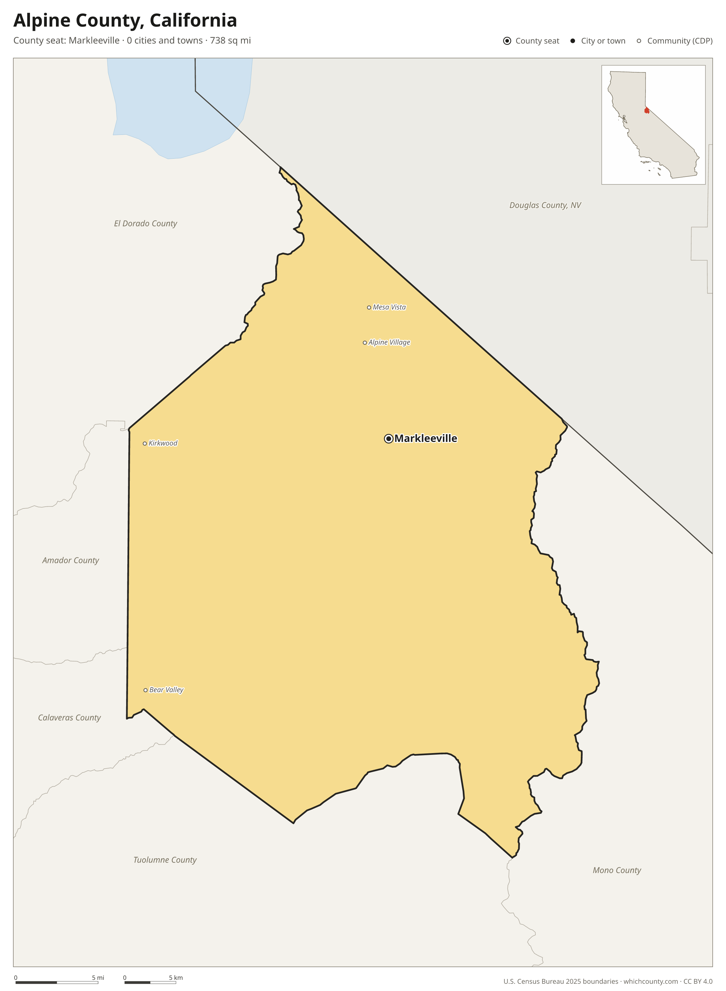 Map of Alpine County, California with cities, towns and the county boundary