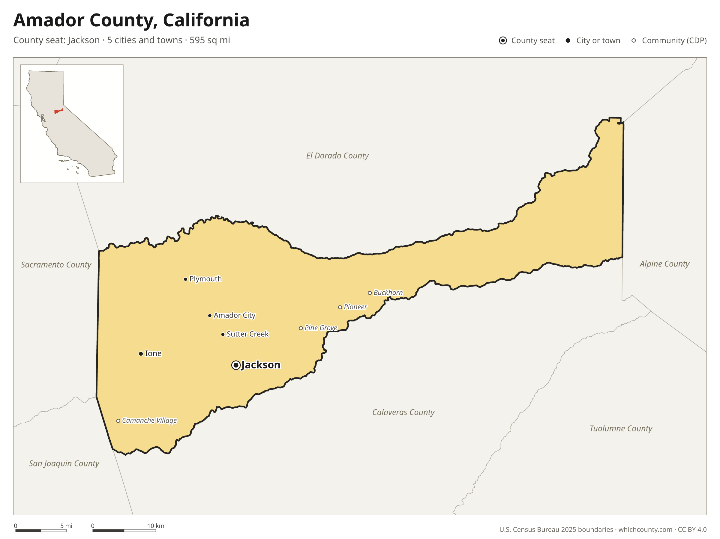 Map of Amador County, California with cities, towns and the county boundary