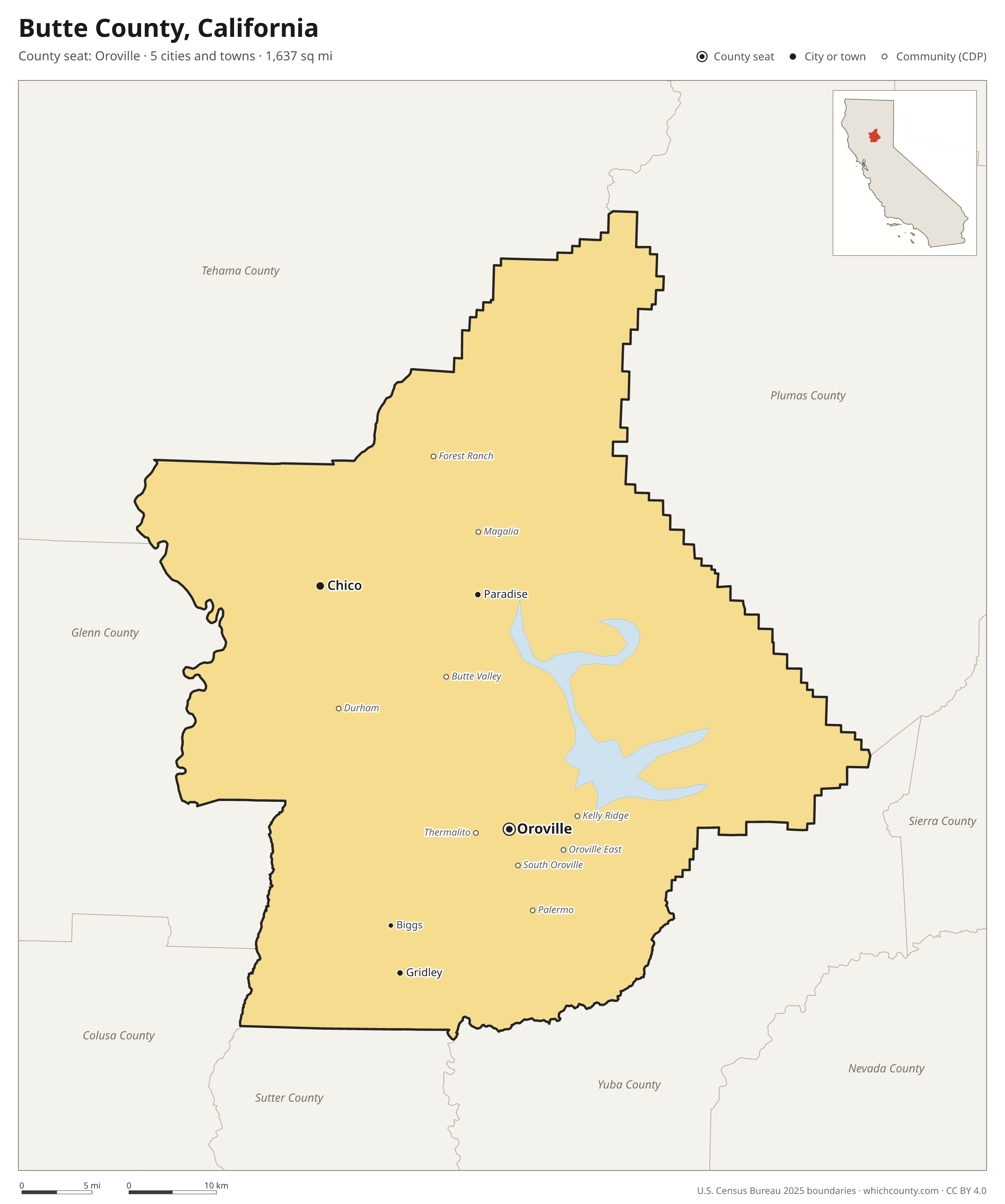 Map of Butte County, California with cities, towns and the county boundary