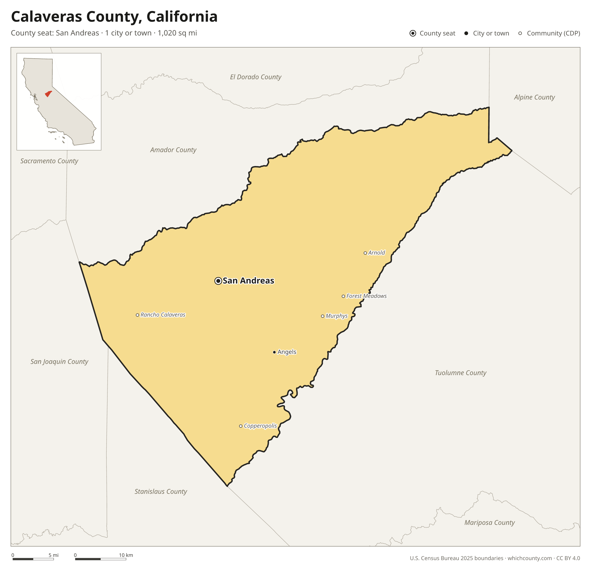 Map of Calaveras County, California with cities, towns and the county boundary
