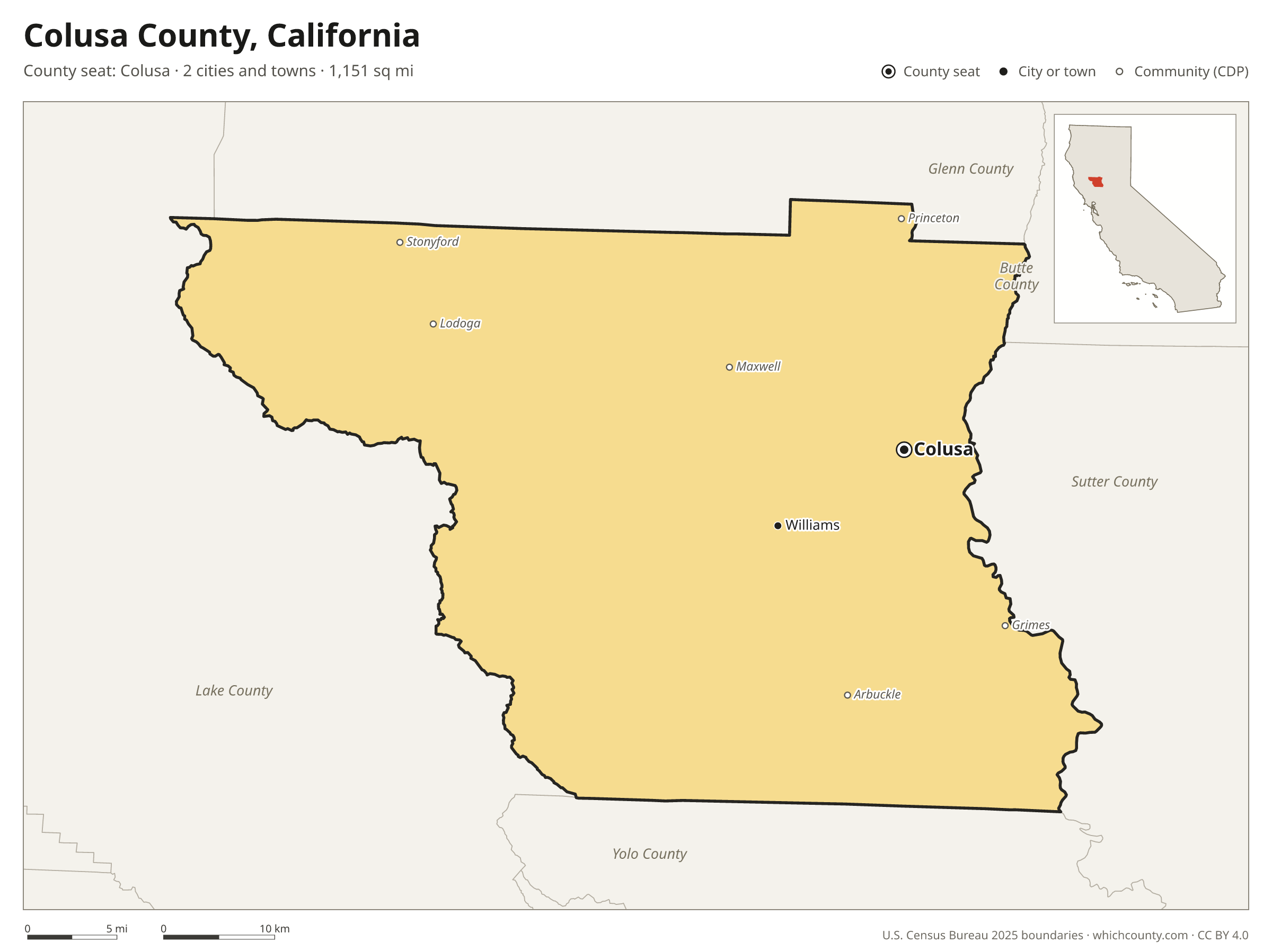 Map of Colusa County, California with cities, towns and the county boundary