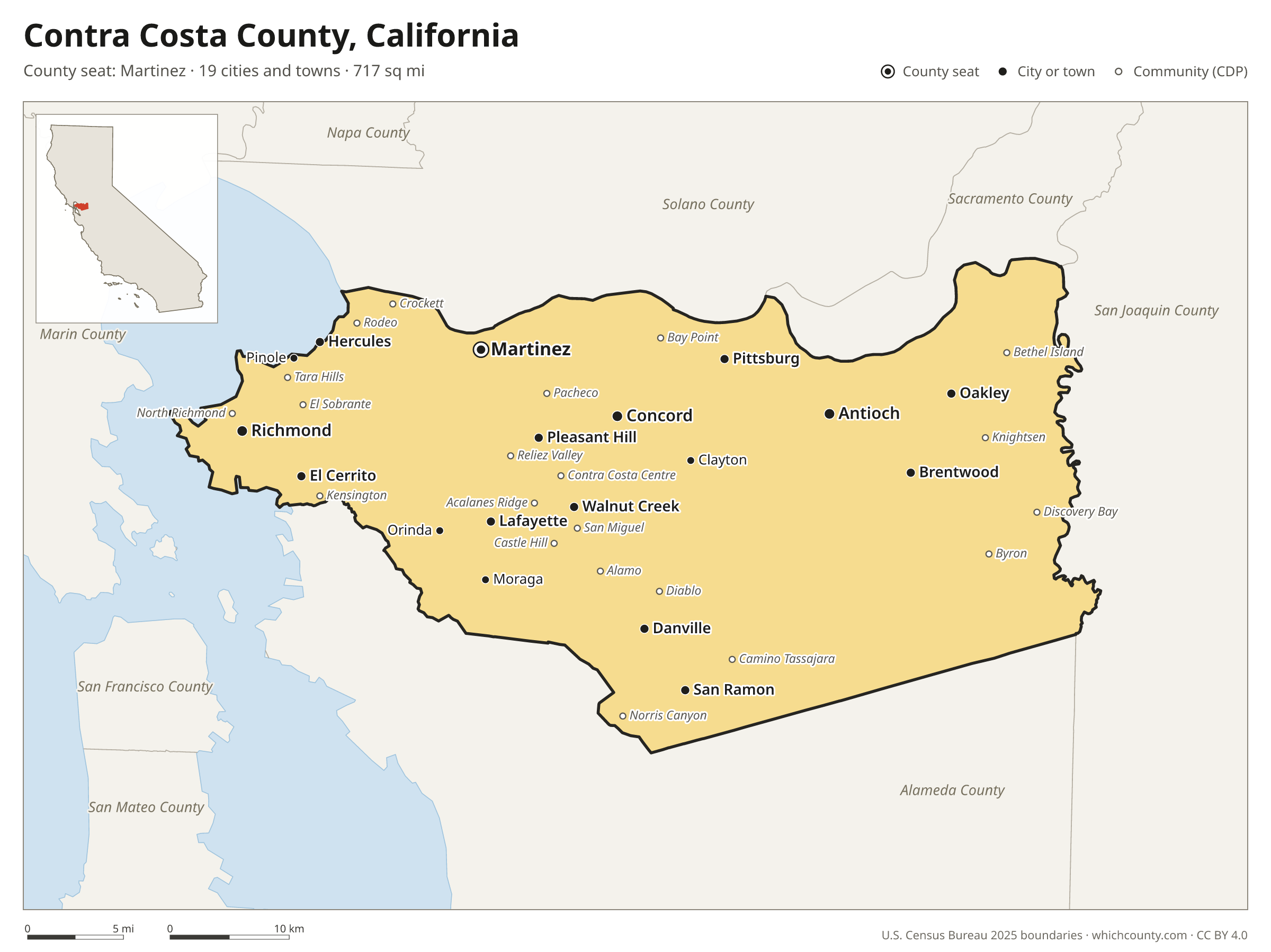 Map of Contra Costa County, California with cities, towns and the county boundary