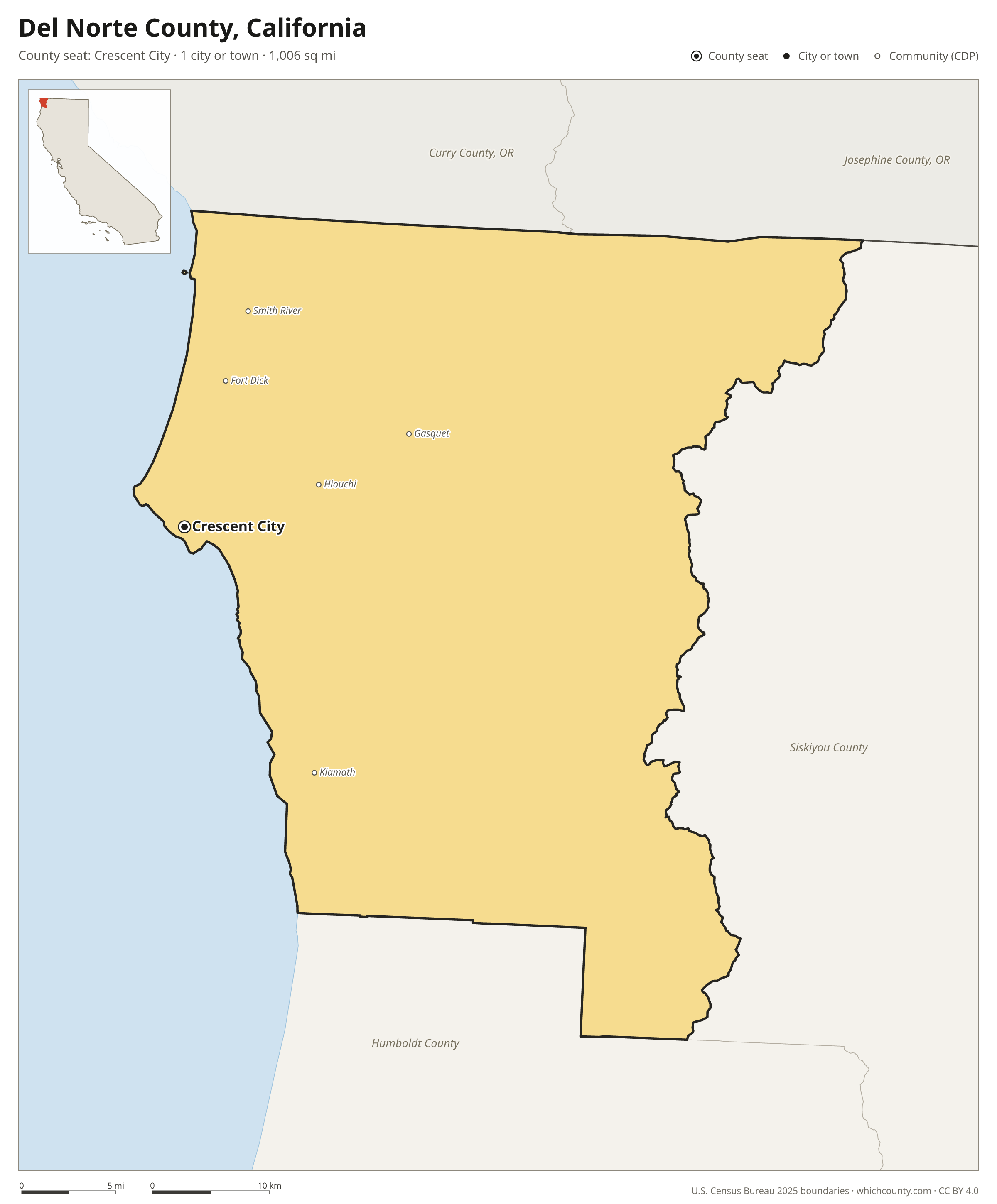 Map of Del Norte County, California with cities, towns and the county boundary