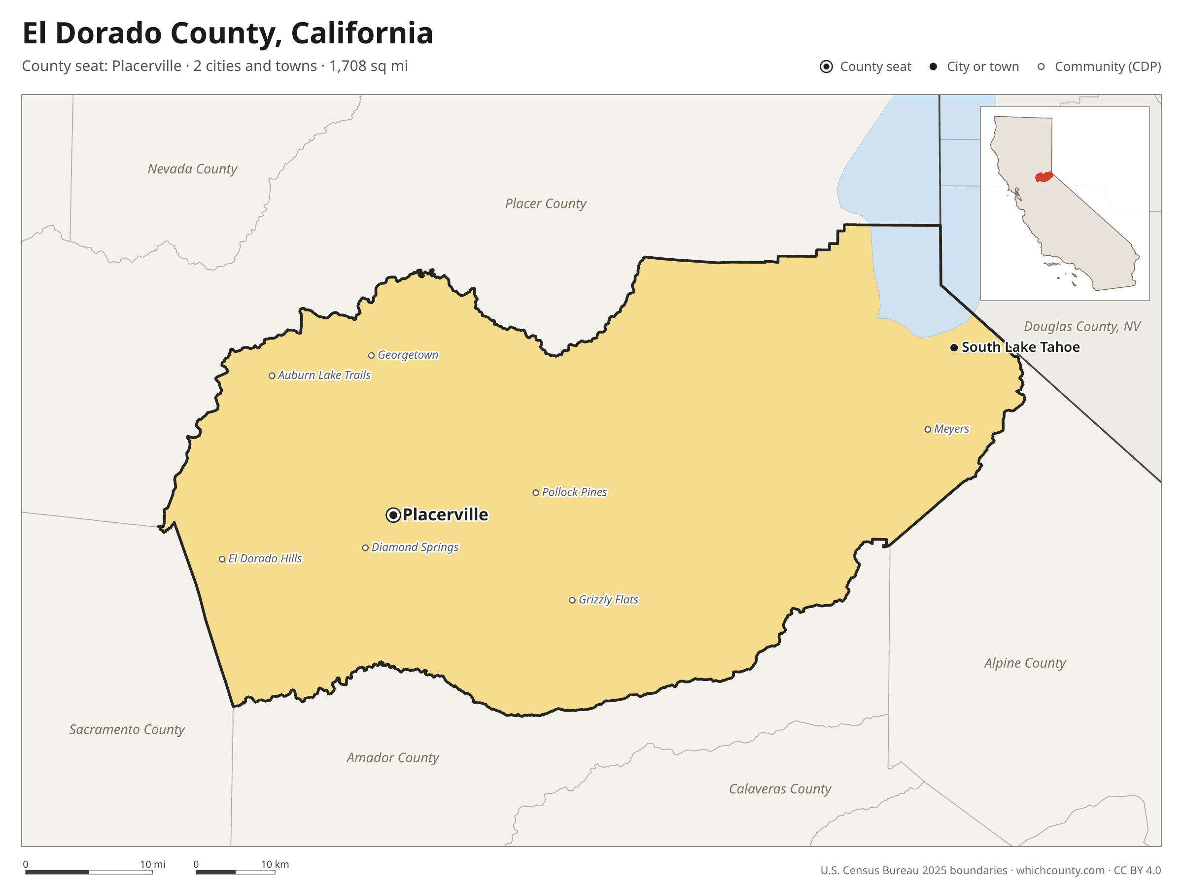 Map of El Dorado County, California with cities, towns and the county boundary
